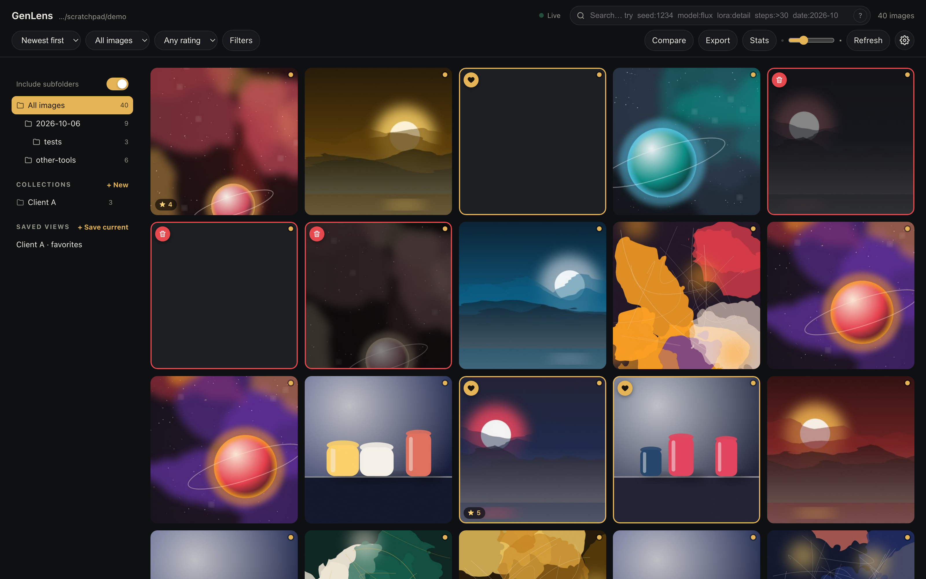 GenLens grid view with folder tree, favorite and delete flags