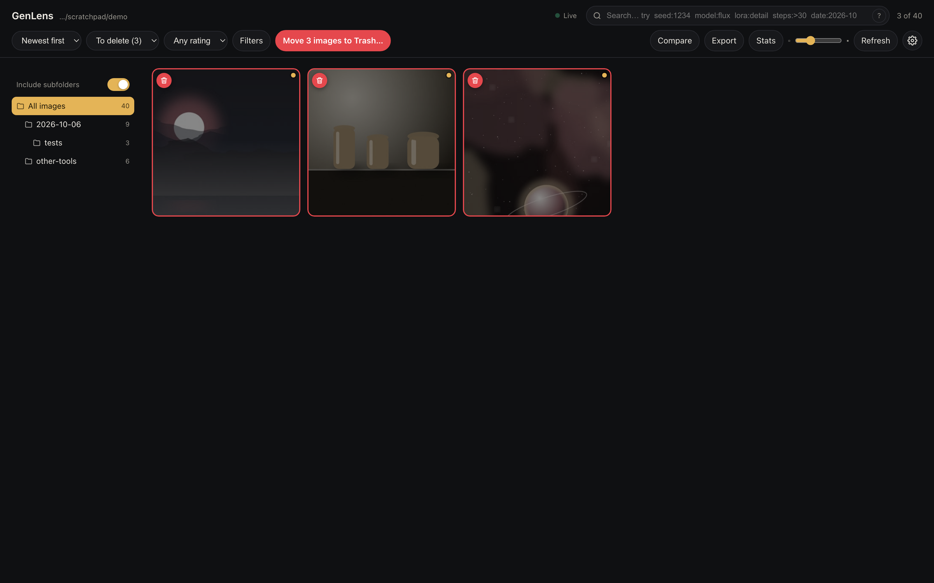 GenLens filtered to images marked for deletion with a Move to Trash button