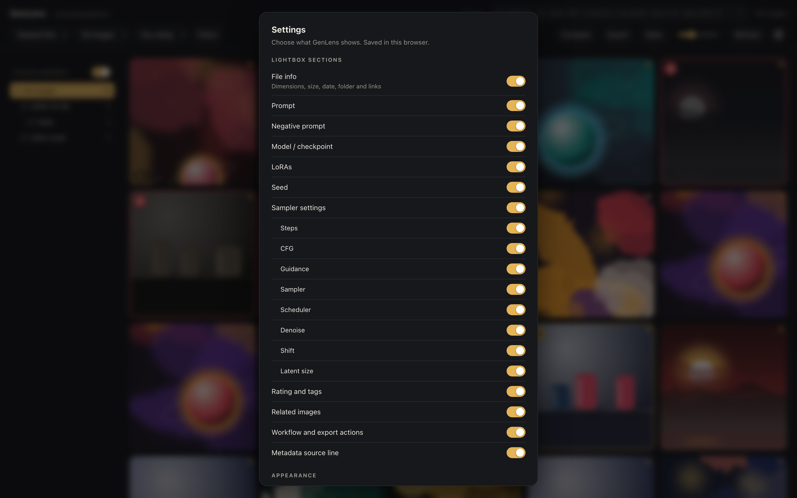 GenLens settings dialog with switches for every metadata section